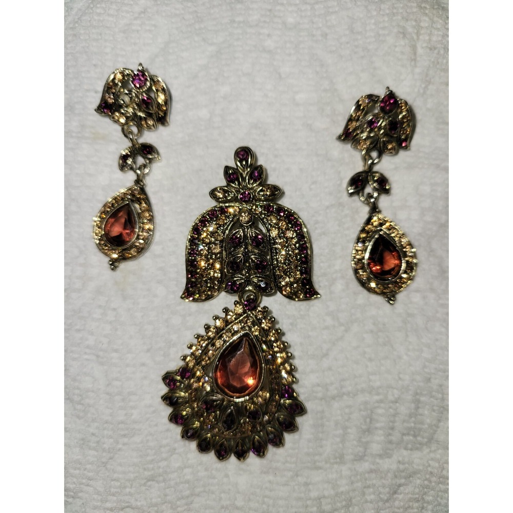 Pendant And Pierced Earrings Rhinestone Clear Garnet Goldtone Dangle Unbranded